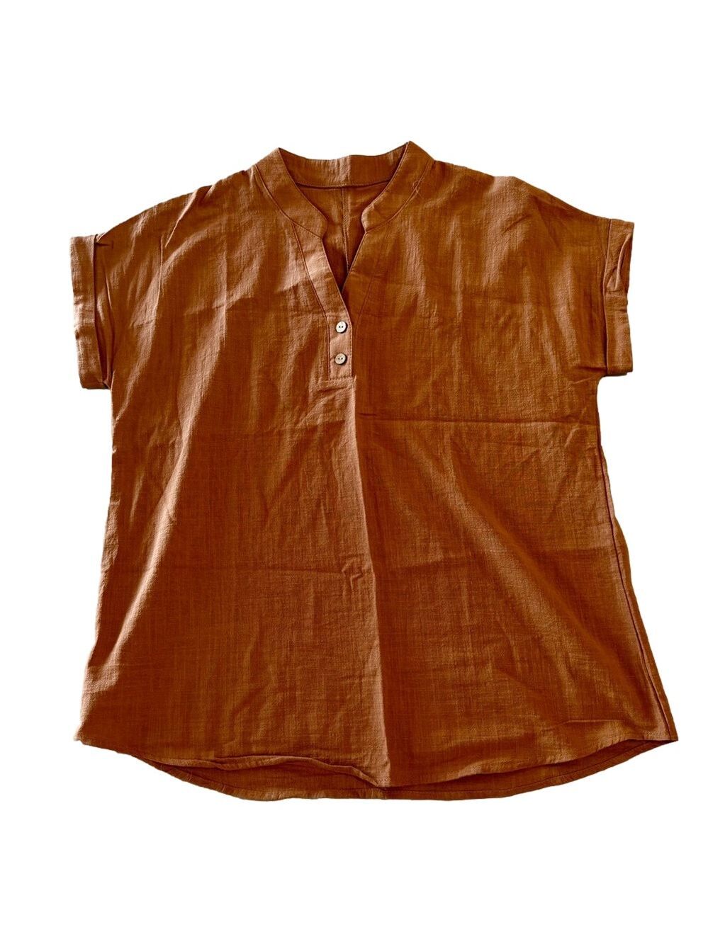 Women's Brown Short Sleeve Cotton Linen Feel Tunic Style Top Size Large #260703